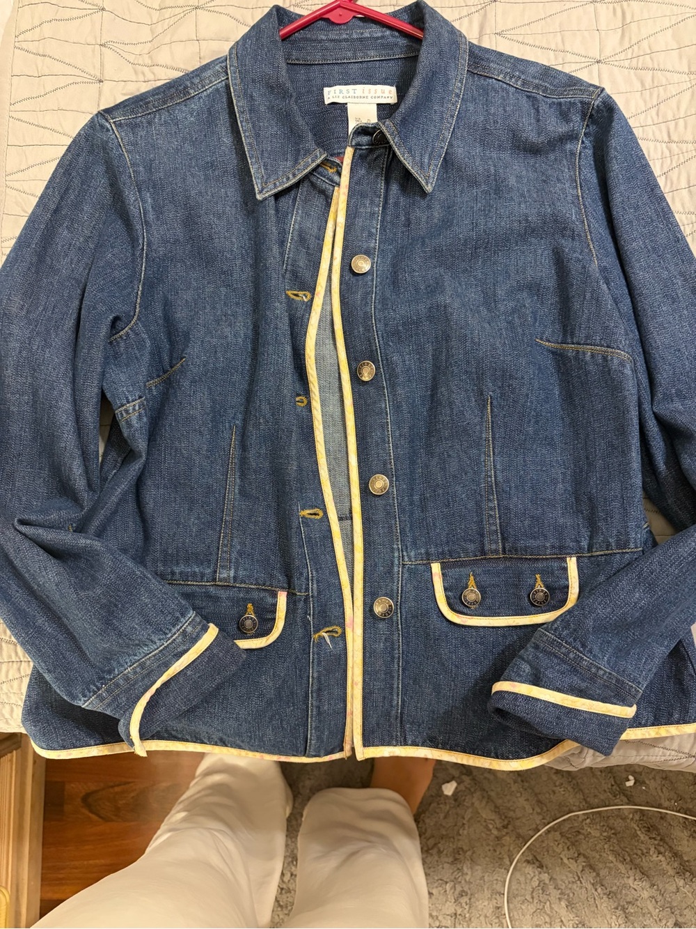 First Issue Liz Claiborne XL Denim Jacket Floral Trim Cotton Jean Coat